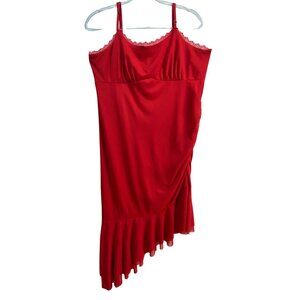Lipstick Red Asymmetrical Hem Cocktail Dress Lace Trim Xl Sexy Stretch MeshY2K‎